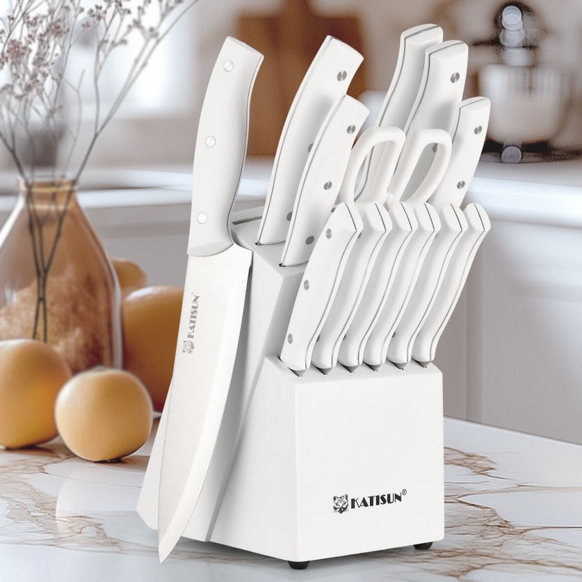 15 Pieces Of White Carbon Steel Blade Kitchen Knife Set, Equipped With A Genuine Wooden Frame, Internal Sharpener, And Kitchen Scissors - Dkakashop