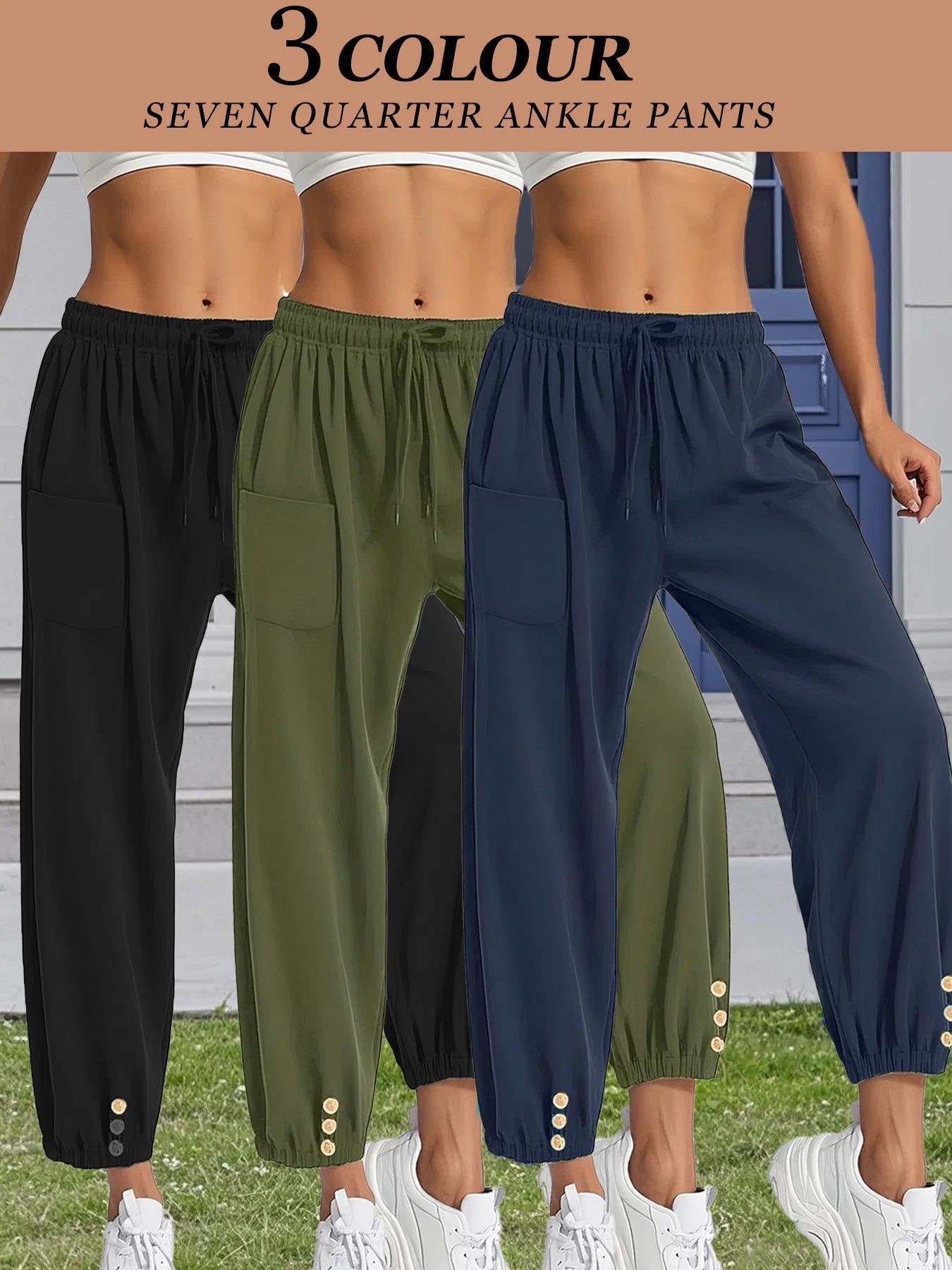 3pcs High - Waisted Button Wide - Leg Pants Cropped, Comfy & Effortlessly Chic - Dkakashop