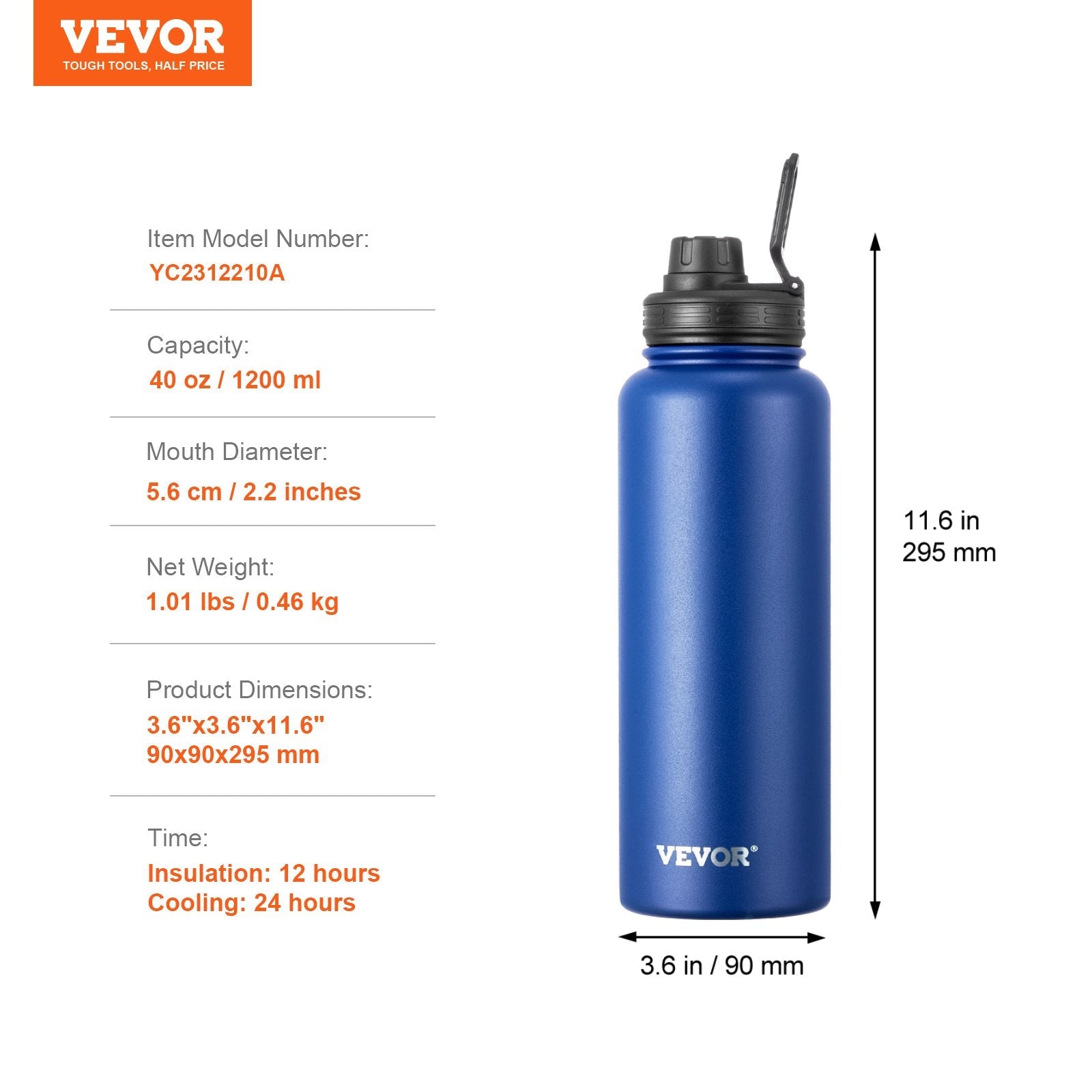 40 Oz Insulated Water Bottle Stainless Steel With Wide Mouth Lid Blue - Dkakashop