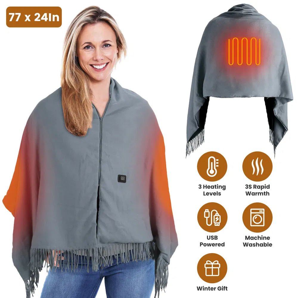 77x24In USB Heated Shawl With Teasel Wearable Heating Blanket Electric Throw Wrap Indoor Outdoor With Zipper 3 Heating Levels Machine Washable For Outdoor Home Office - Dkakashop