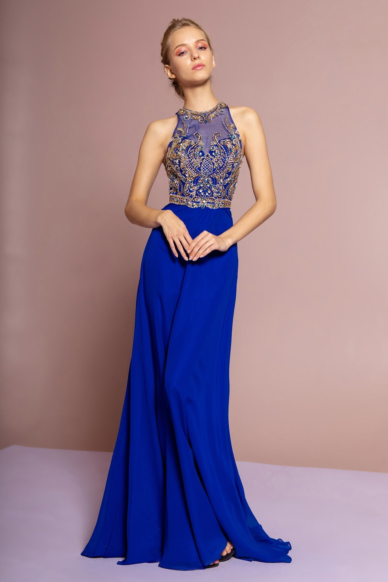 Jewel and Bead Embellished Long Dress with Back Cut Out - Dkakashop